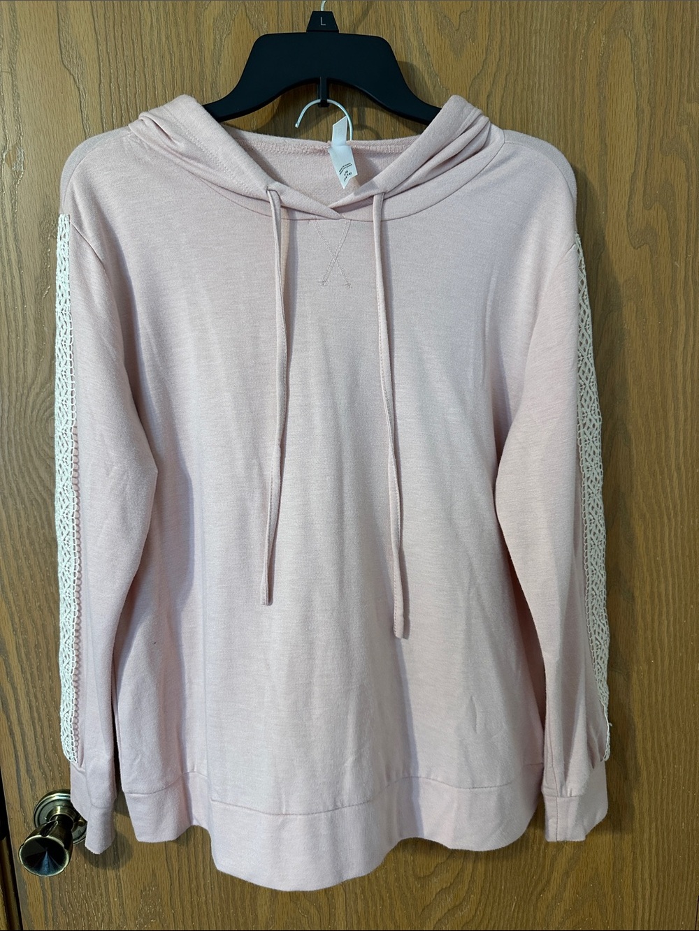 Soft Pink Hoodie with Lace-Trim Sleeves